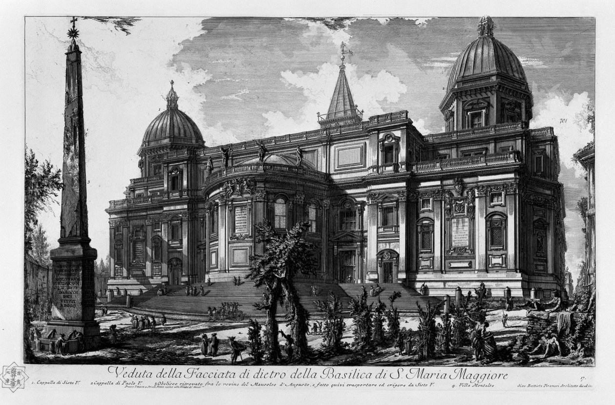 Utsikt over bakfasaden til Basilica of Santa Maria Maggiore Chapel of Sixtus V. Chapel of Paul V. Esquiline obelisk funnet blant ruinene av Mausoleum av Augustus, og hadde transportert og reist der av Sixtus V. Villa Montalto av Giovanni Battista Piranesi