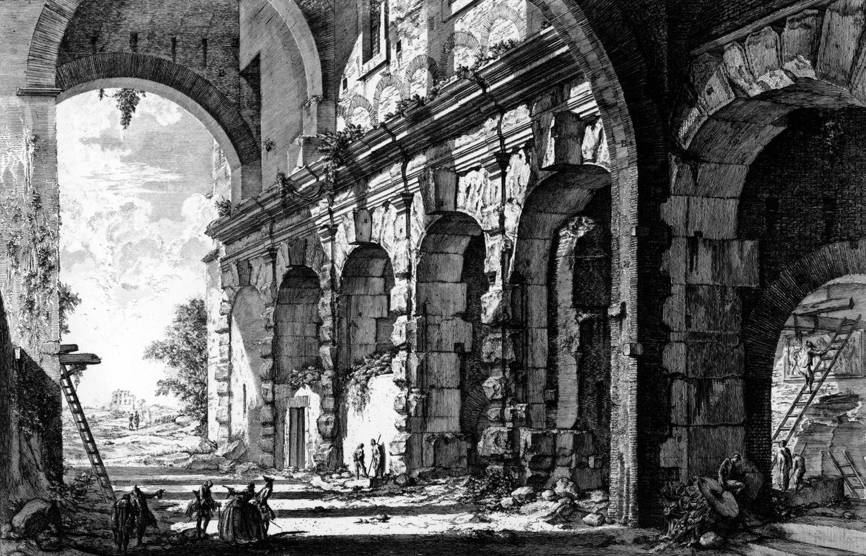 Utsikt over restene av Claudius-tempelet nær kirken Santi Giovanni e Paolo, fra 
