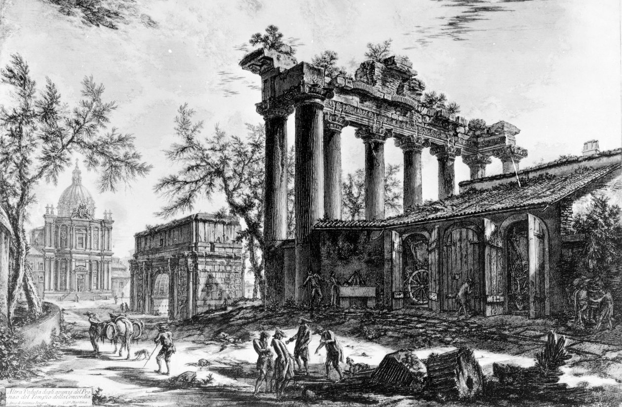 Utsikt over Temple of Concord med Septimius Severus-buen og Santa Martina-kirken, fra 
