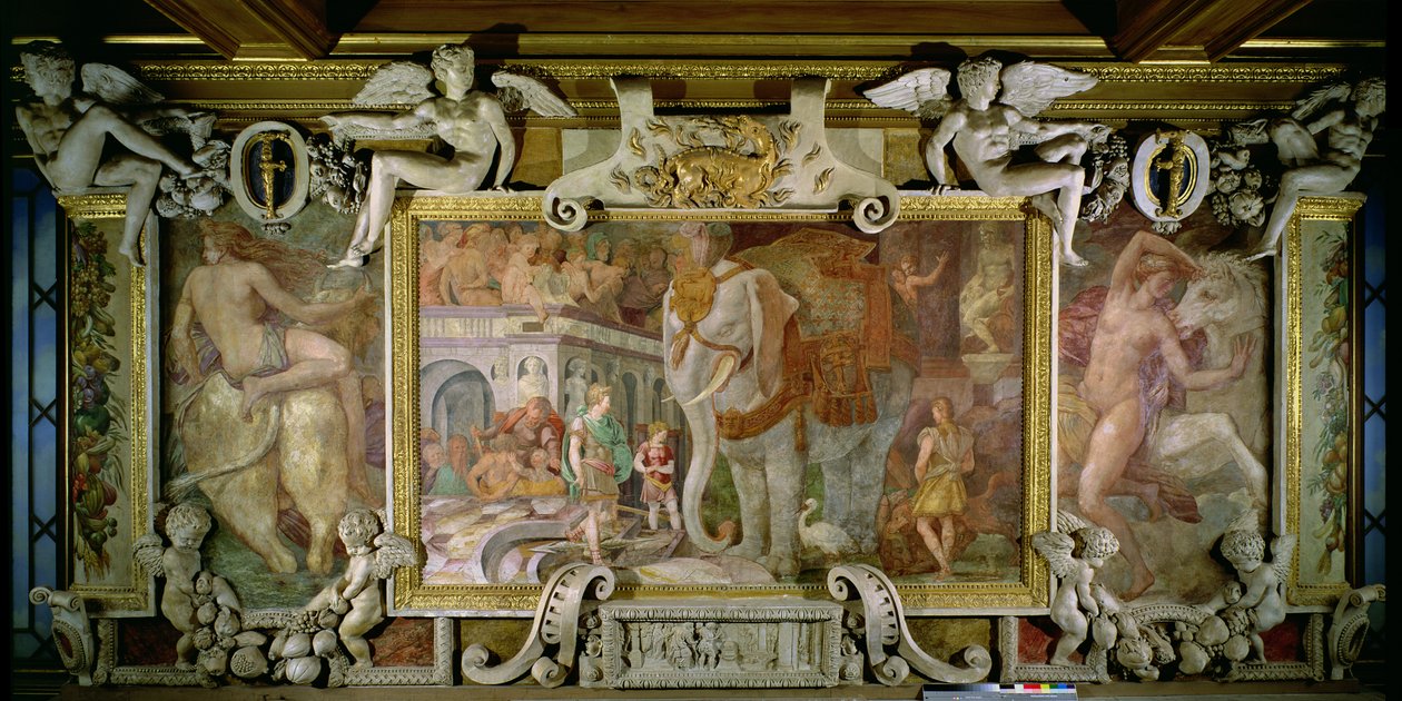 The Triumphal Elephant, en allegorisk hyllest til Frans I, detalj av dekorativt opplegg i Galleriet til Frans I, 1530-40 freskomaleri og stukkatur av Giovanni Battista Rosso Fiorentino