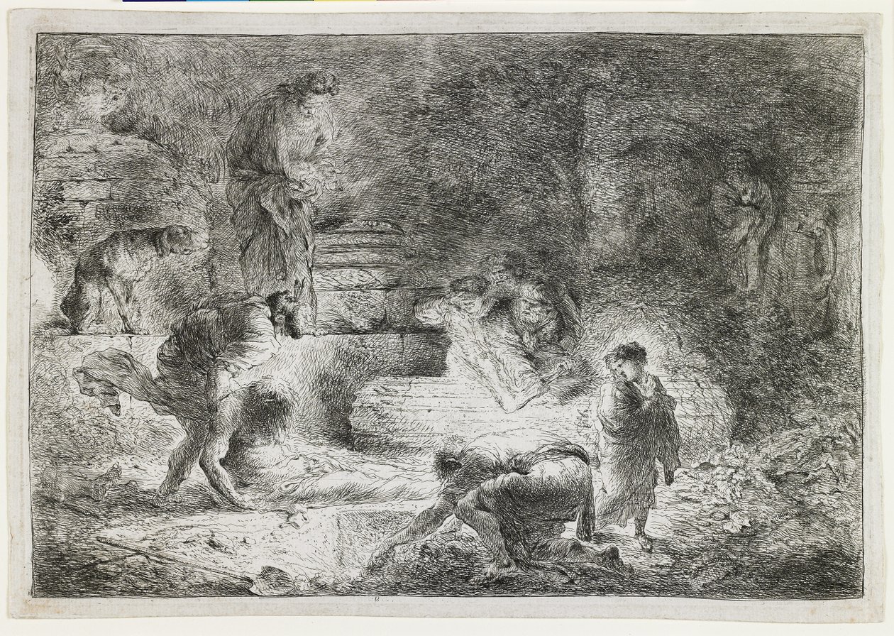 Tobit Burying the Dead, ca. 1650 av Giovanni Benedetto Castiglione