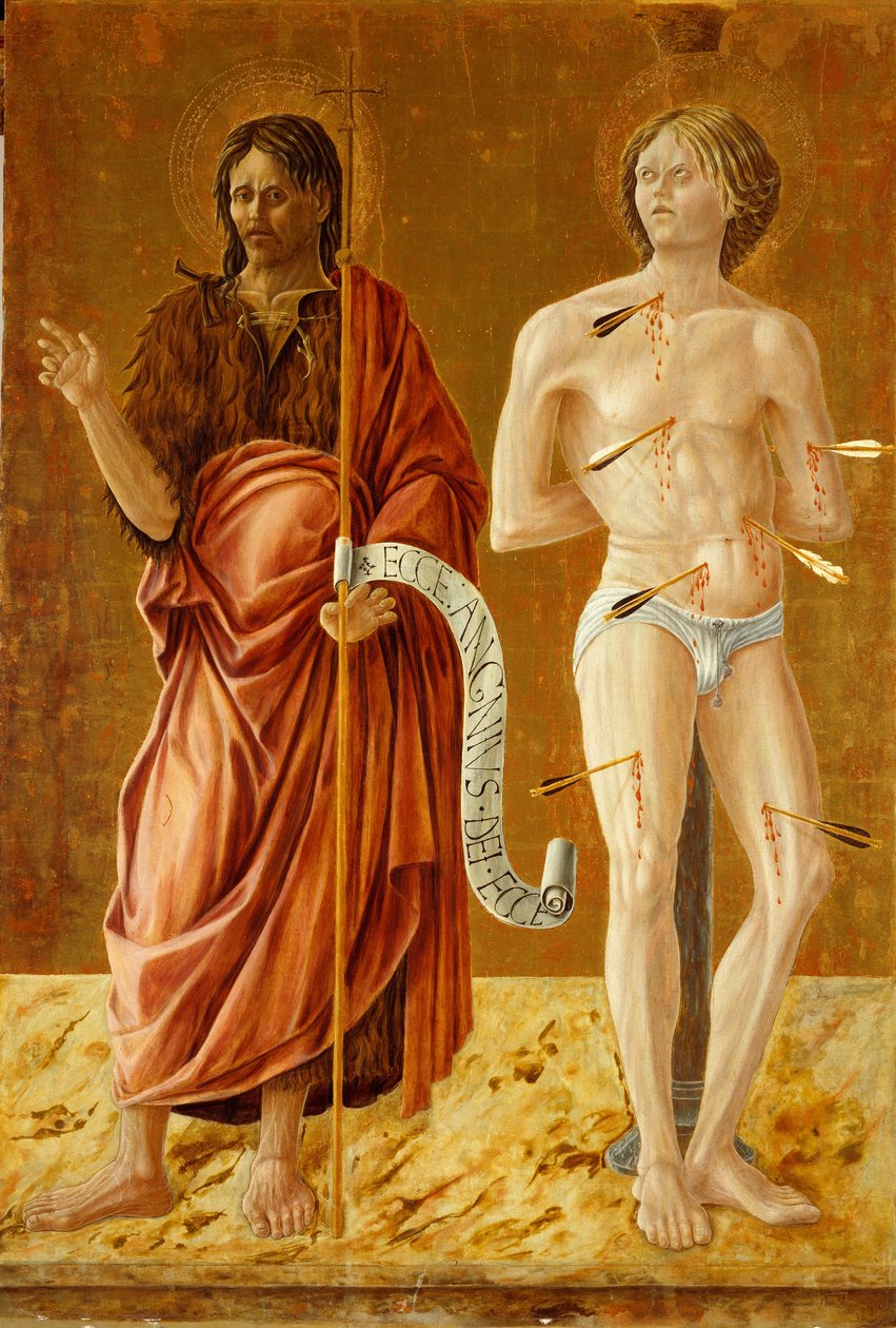 St. Johannes døperen og St. Sebastian, ca. 1450-70 (tempera på panel) av Giovanni Boccati or Boccatto