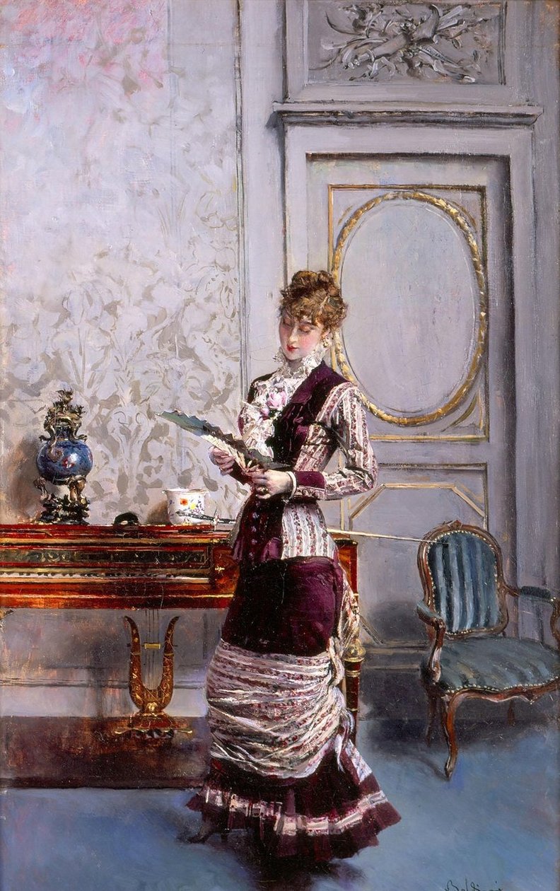 Lady Beundrer en Fann Polish: Berthe, ser på viften Espanol: Berthe che guarda un ventaglion av Giovanni Boldini