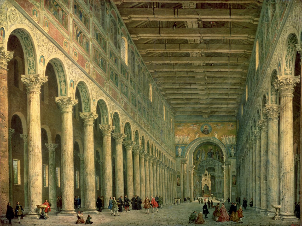 Interiør i kirken San Paolo Fuori le Mura, Roma, 1750 av Giovanni Paolo Pannini