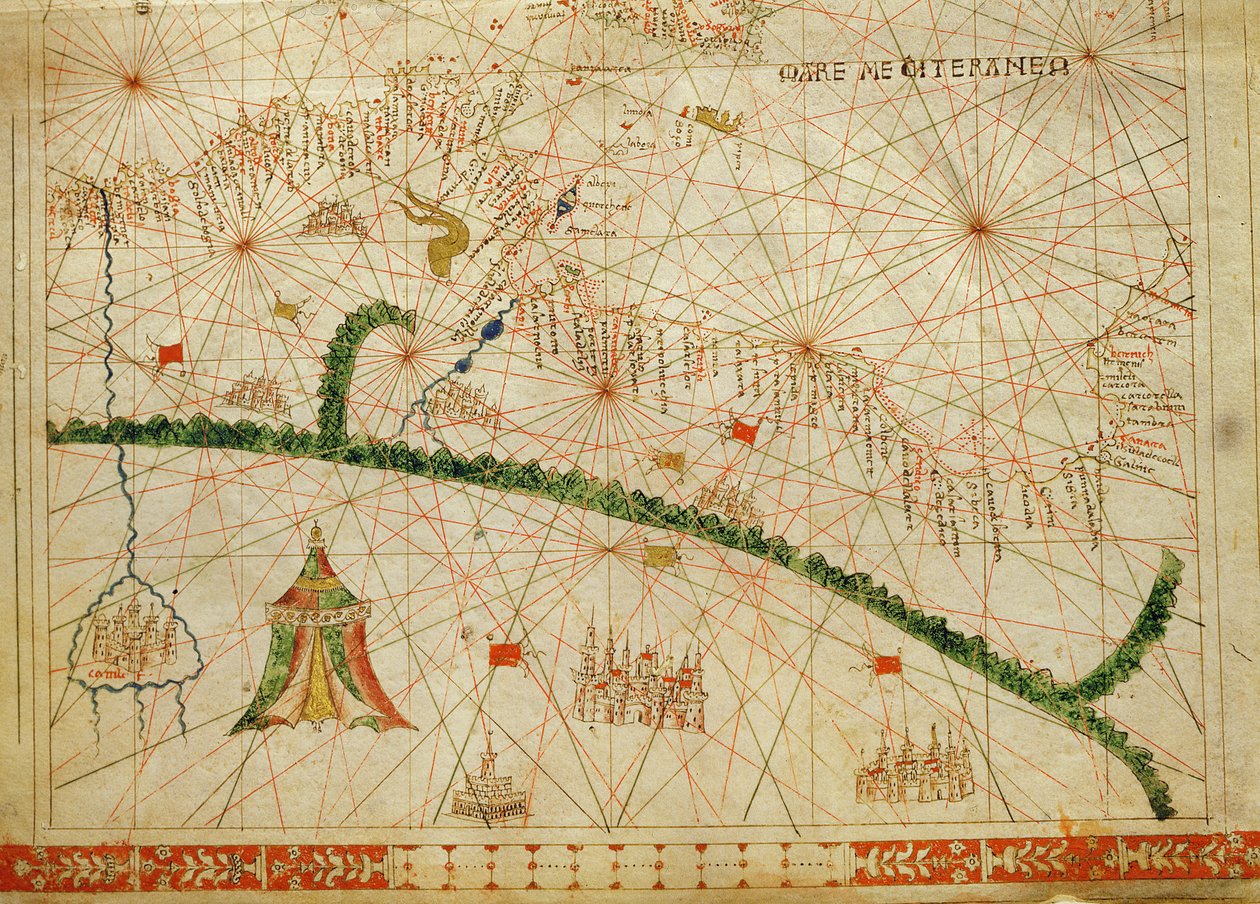 Nord-Afrika, fra et nautisk atlas, 1520 (blekk på vellum) (detalj fra 330916) av Giovanni Xenodocus da Corfu