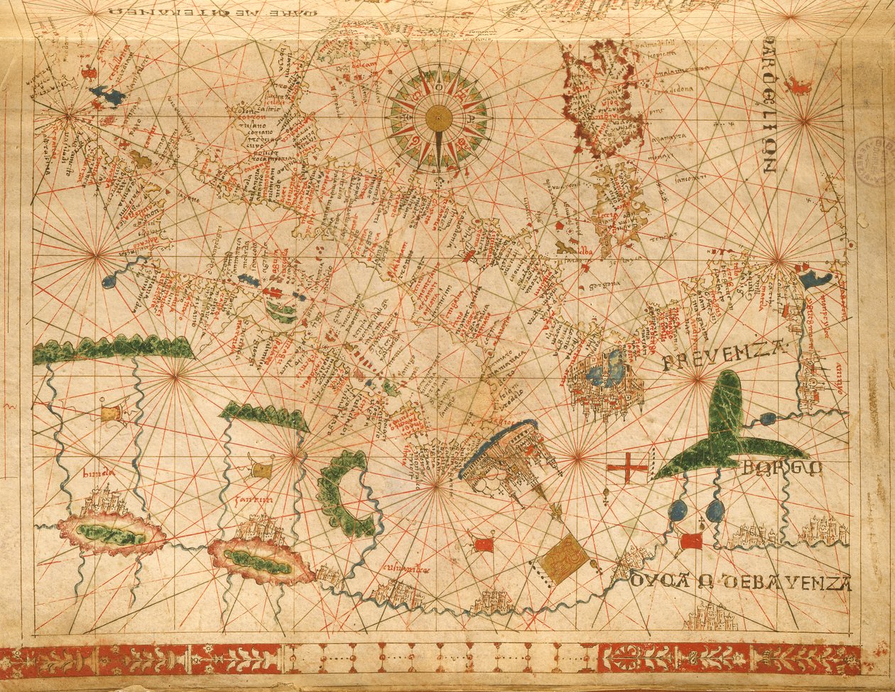 Provence og Italia, fra et nautisk atlas, 1520 (blekk på vellum) (detalj fra 330915) av Giovanni Xenodocus da Corfu