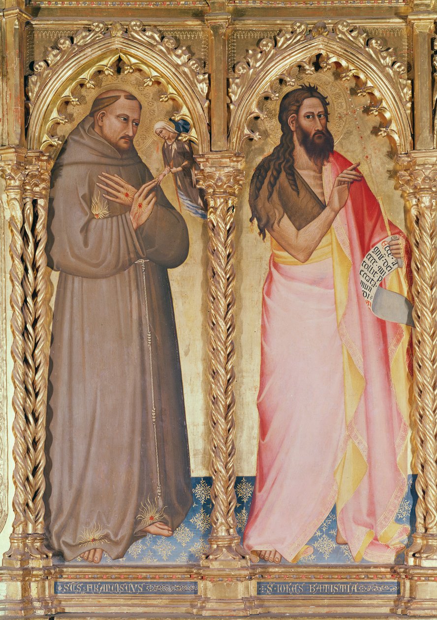 St. Frans av Assisi og St. Johannes døperen, detalj fra Jomfru og barn tronet omgitt av helgener (tempera på panel) (se også 438870) av Giovanni del Biondo dal Casentino