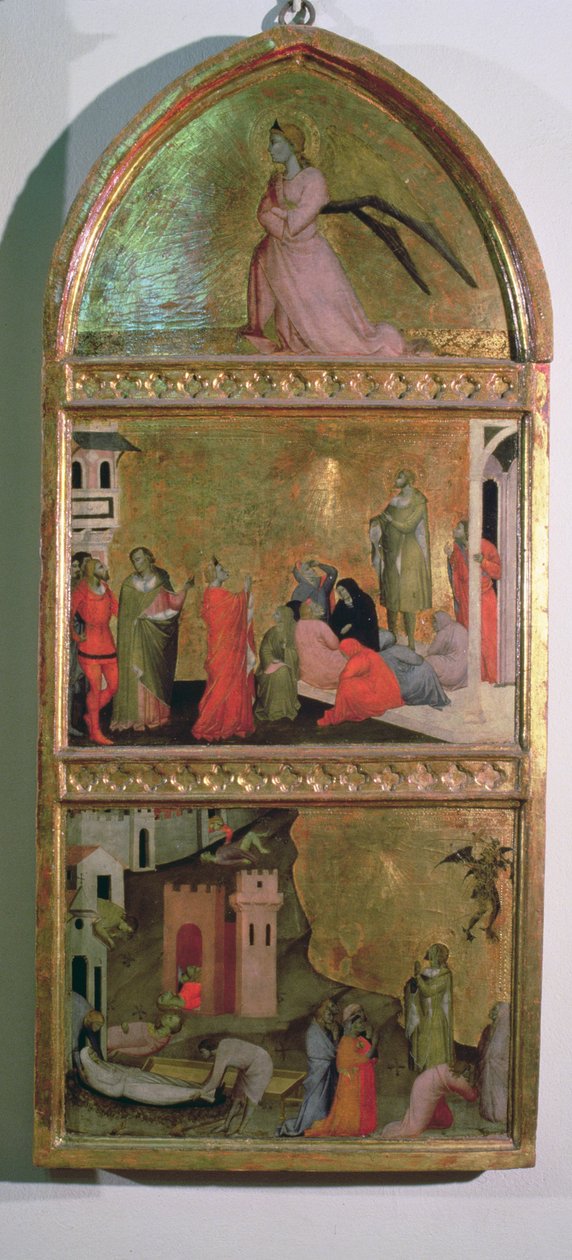 The Martyrdom of St. Sebastian-altertavle, sidepanel som viser engelen Gabriel og scener fra livet til den hellige tempera på paneldetalj av 94767 av Giovanni di Niccolo del Biondo