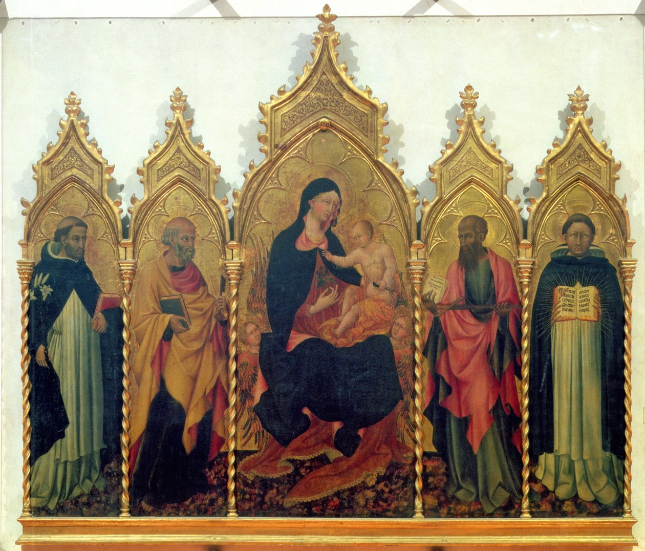 Madonna og barn med SS. Dominic, Peter, Paul og Thomas Aquinas, altertavle, 1445 (tempera på panel) av Giovanni di Paolo