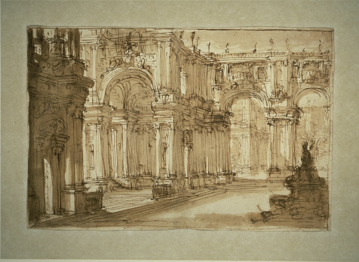 Palatial gårdsplass med en fontene av Giovanni Battista Piranesi