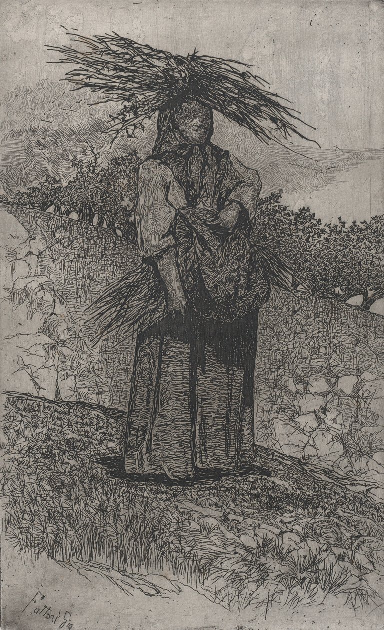 Bondekvinne som samler pinner, 1884-1908. av Giovanni Fattori