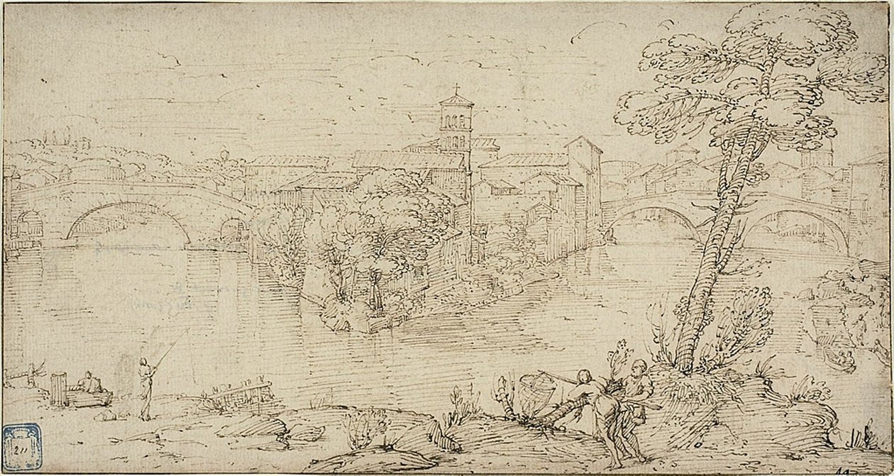 Utsikt over Isola Tiberina av Giovanni Francesco Grimaldi