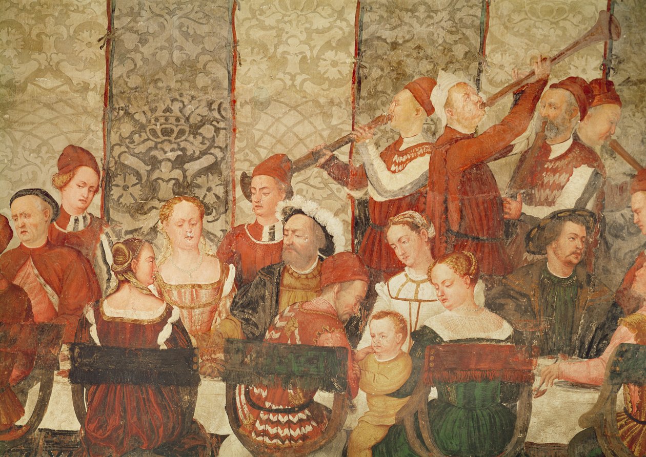 Gjester ved banketten gitt av Bartolomeo Colleoni for kong Christian I av Danmark på slottet Malpaga i 1474, 1520-30 (detaljer) av Girolamo Romanino