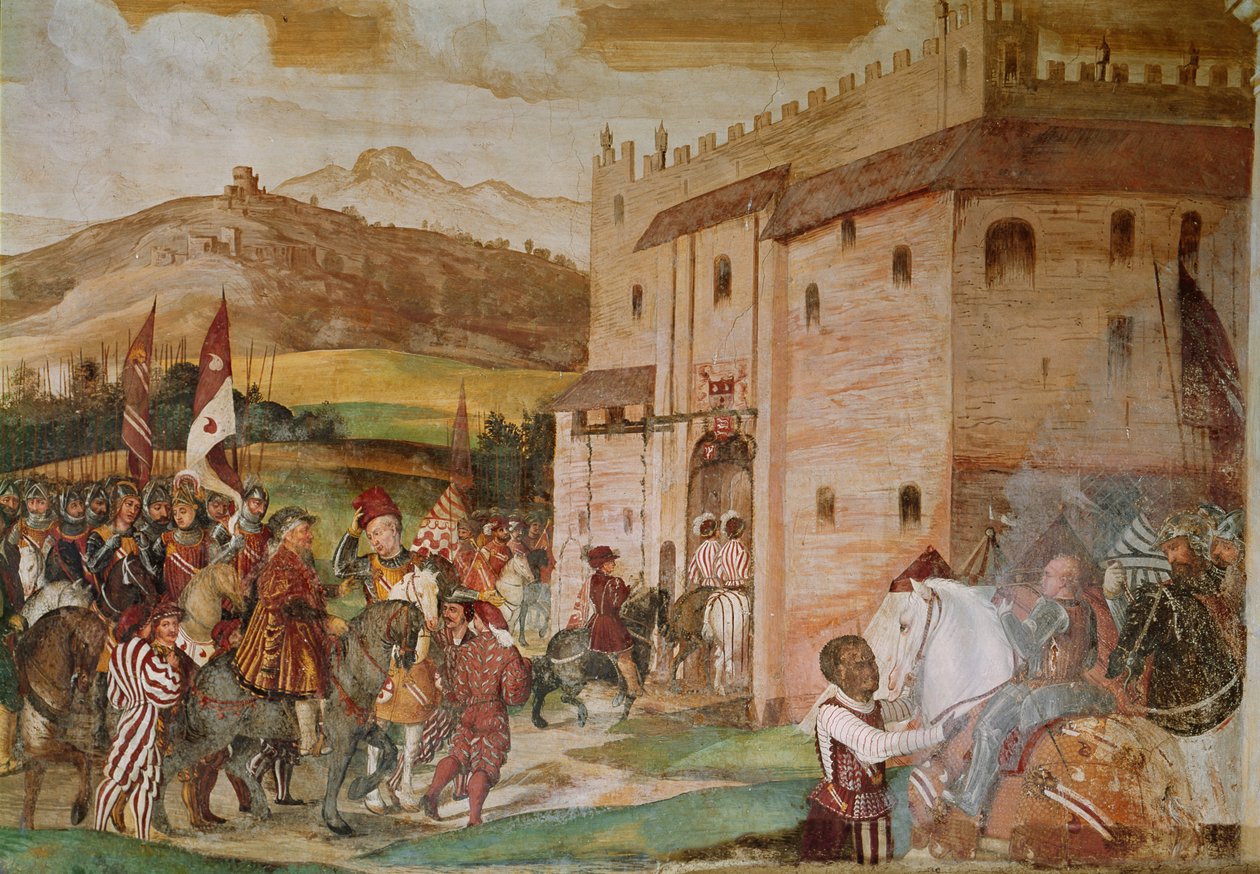 Mottakelse av kong Christian I av Danmark av condottiere, Bartolomeo Colleoni, på slottet Malpaga i 1474, 1520-30 av Girolamo Romanino