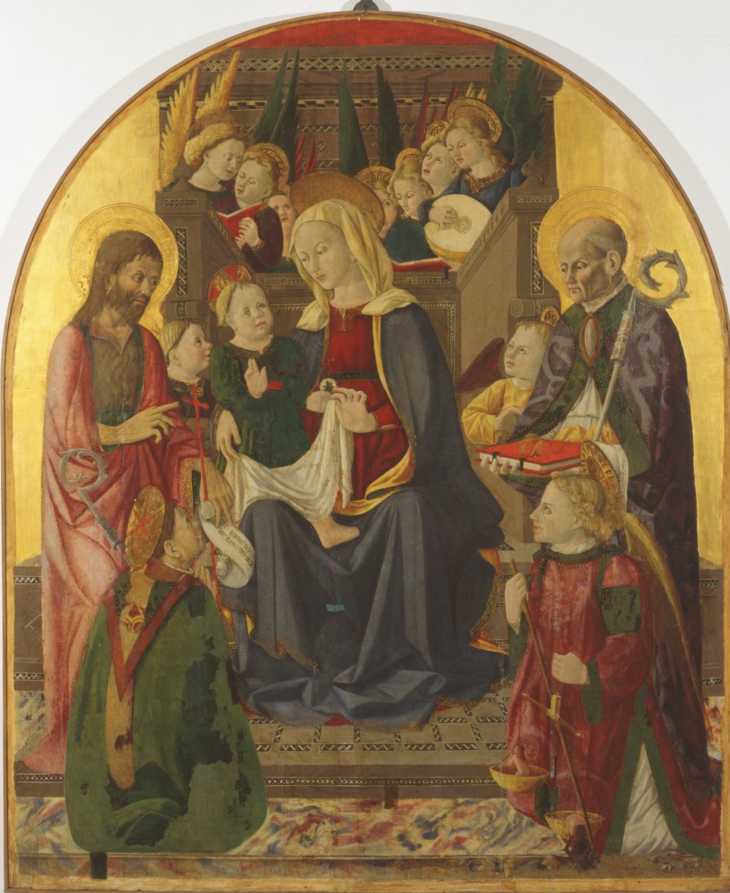 Madonna and Child Enthroned with Angels and Saints, ca. 1440-tallet (tempera på panel med gull) av Girolamo di Giovanni di Camerino