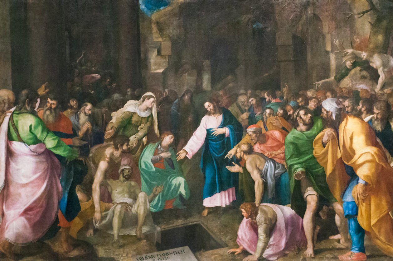 Resurrection of Lazarus, ca. 1555 (olje på lerret) av Girolamo Muziano