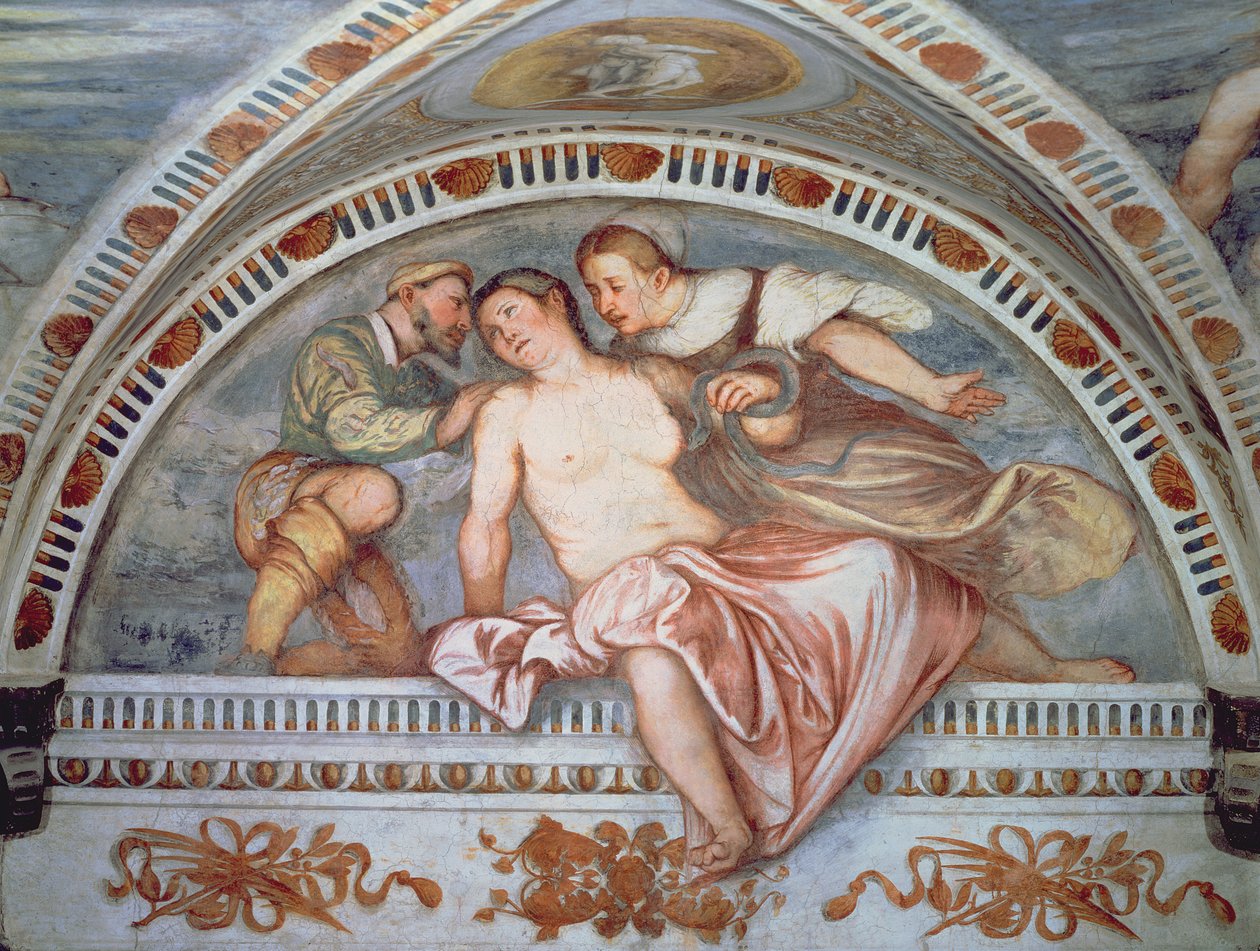 Kleopatras død, lunette, 1531-32 av Girolamo Romanino