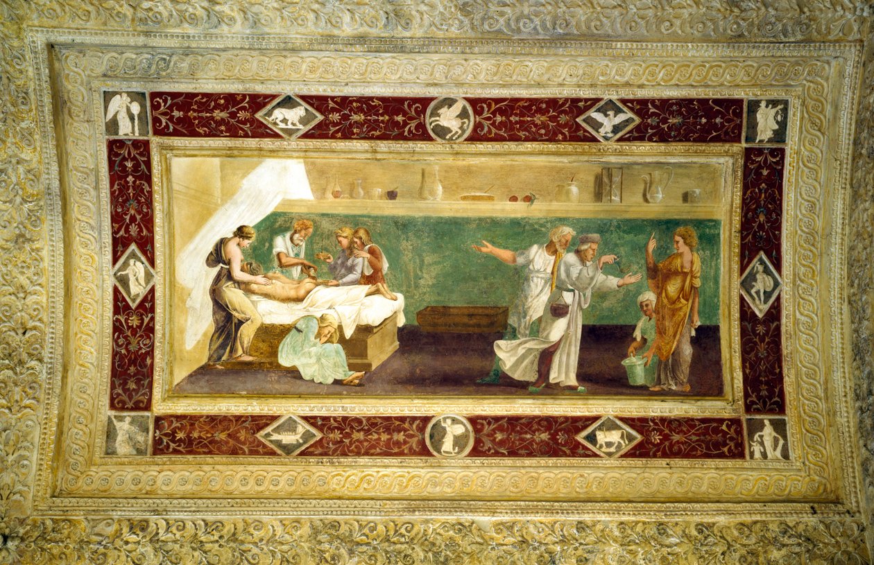 Scene av en lege som går til en syk mann, takmaleri fra Giardino Segreto av Giulio Romano