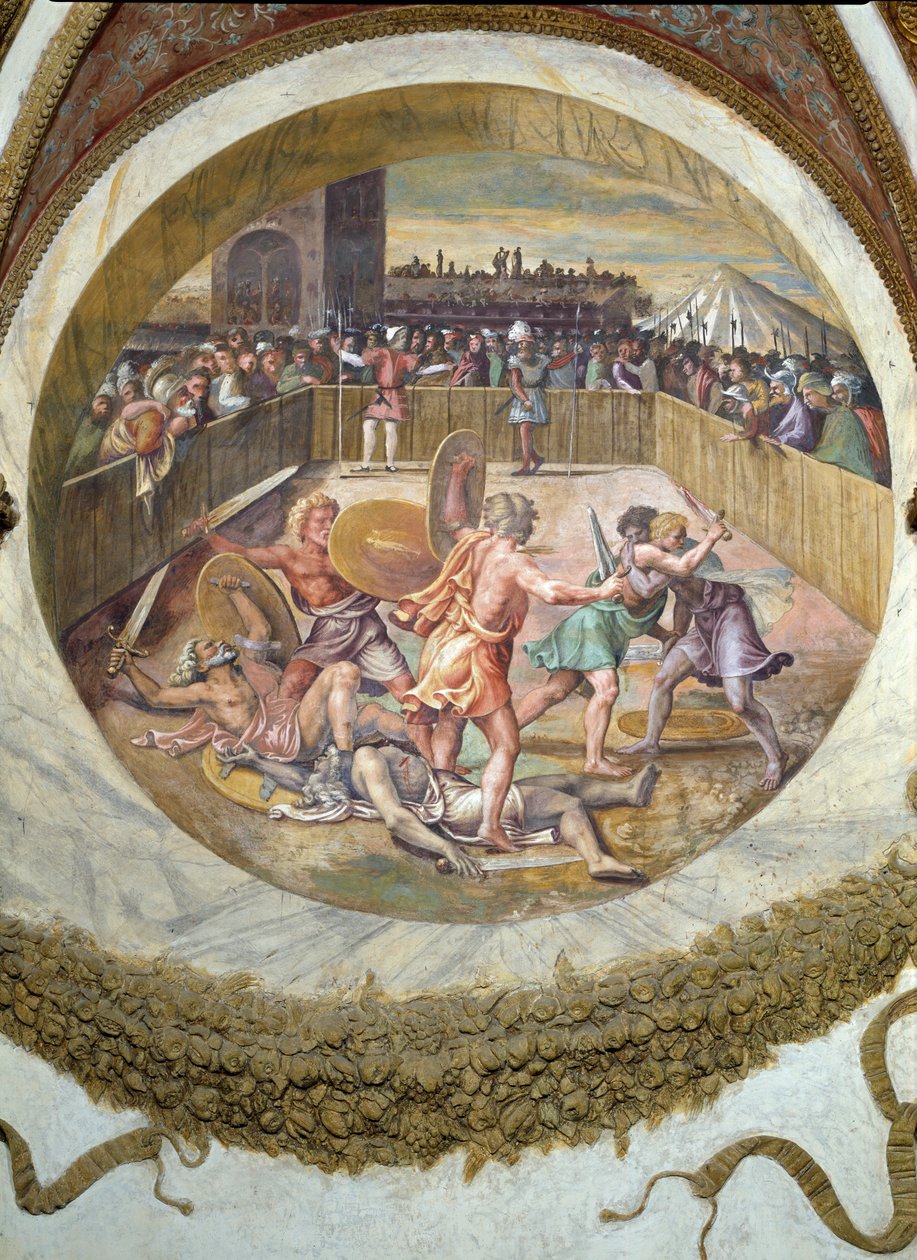 Scene som viser at de som er født under Tyrens tegn i forbindelse med stjernebildet Pleiadene får en evne til å kjempe, symbolisert ved en gladiatorkamp, fra C. av Giulio Romano