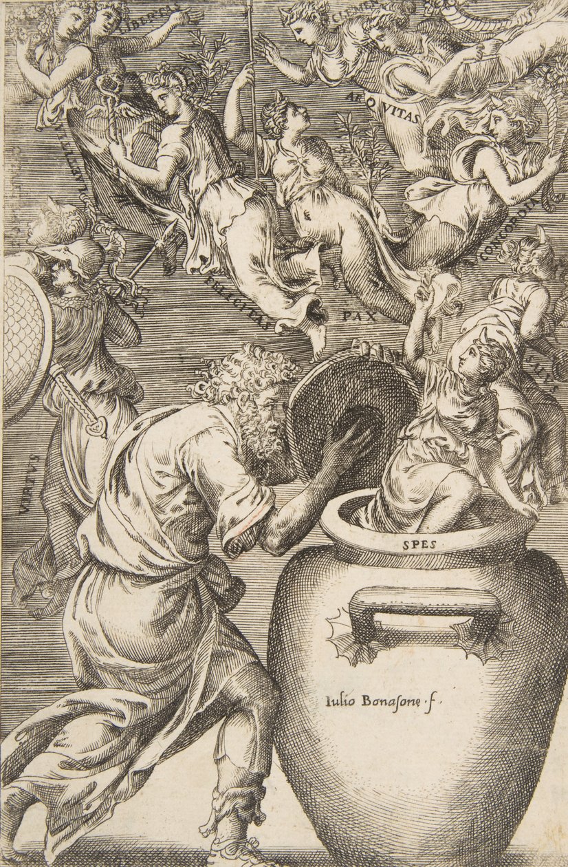 Epimetheus åpner Pandoras eske, 1531-76. av Giulio Bonasone
