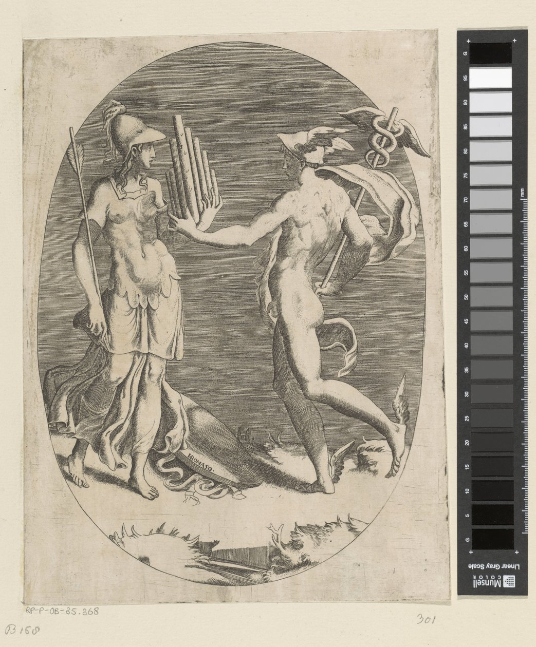 Mercury gir Minerva en panfløyte av Giulio Bonasone