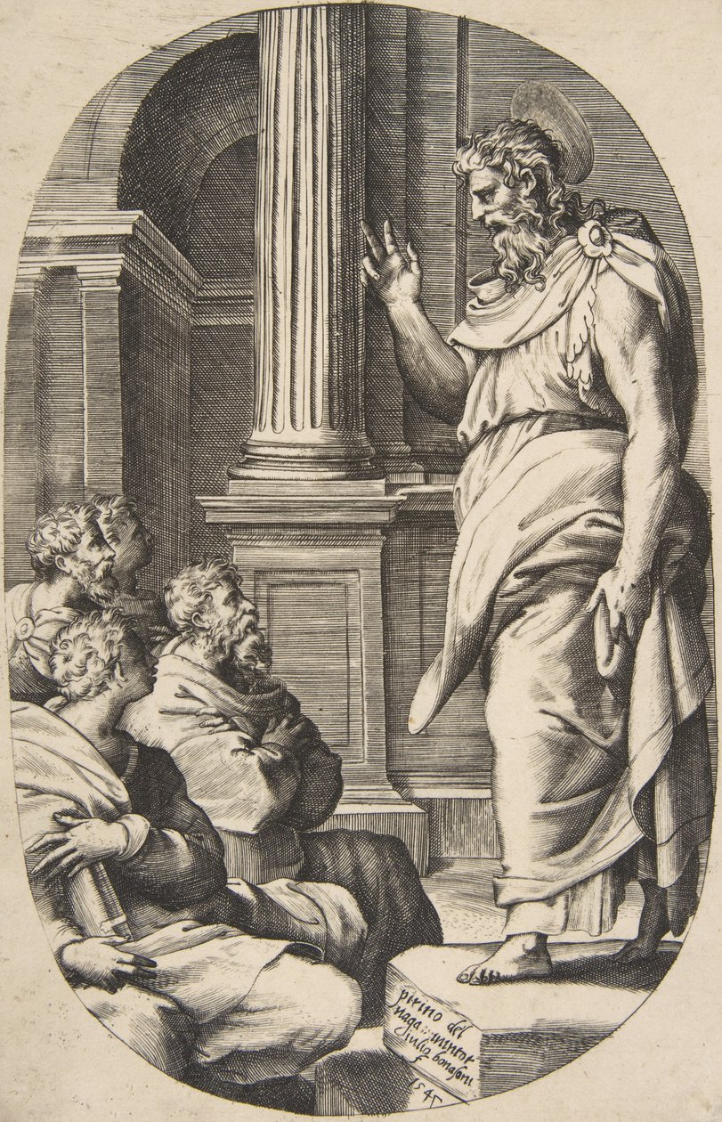 Saint Paul Preaching, en oval komposisjon, 1547. av Giulio Bonasone