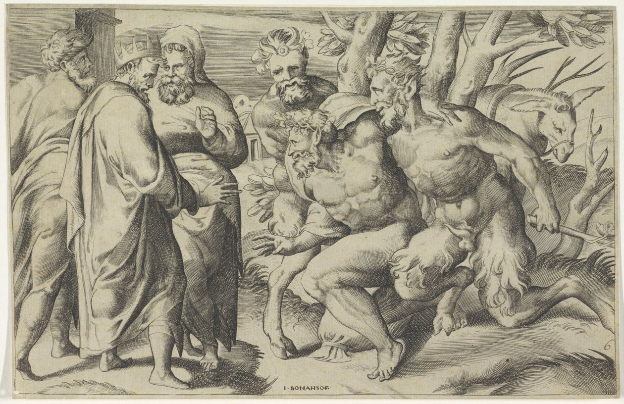 To satyrer bringer Silenus til kong Midas av Giulio Bonasone