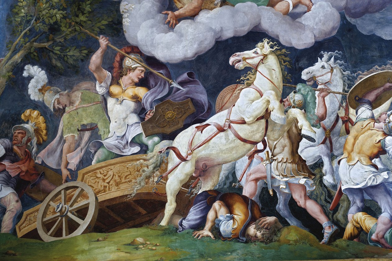 Diomedes kjemper mot Phegeus og Idaios. av Giulio Romano