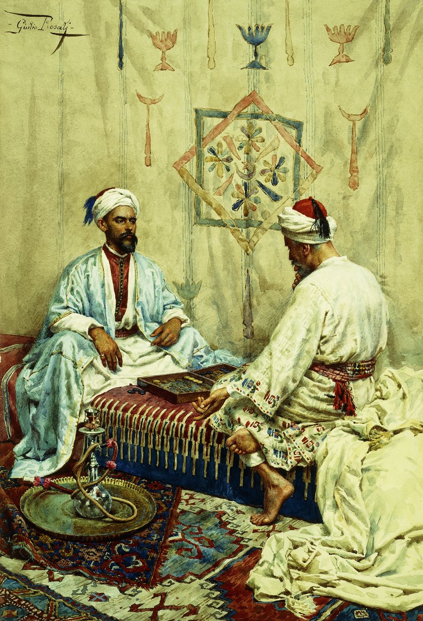 Arabere spiller backgammon i et indre, av Giulio Rosati