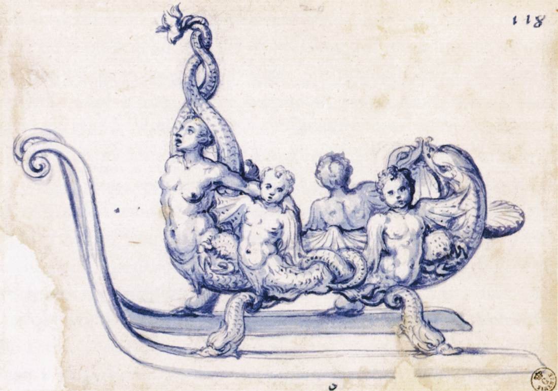 Skisse for en slede med en sirene av Giuseppe Arcimboldo