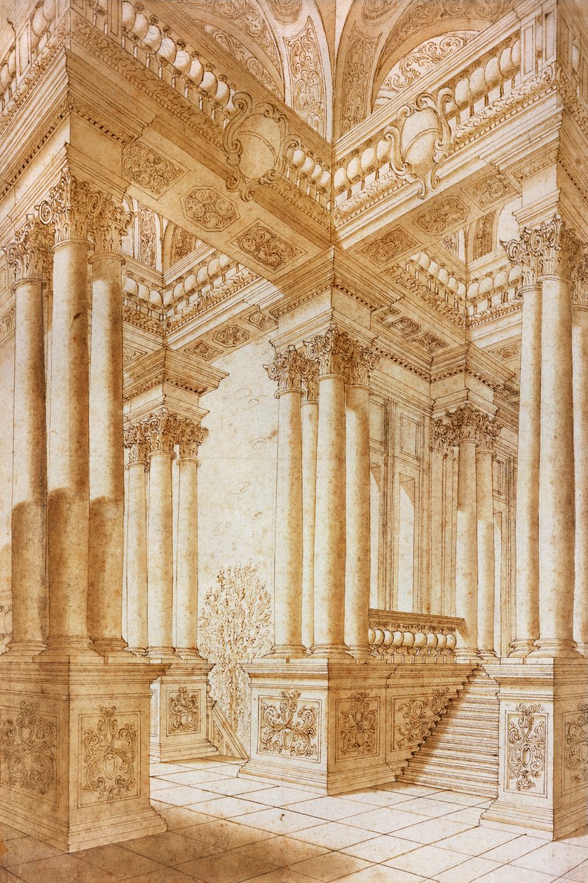 Arkitektonisk studie (penn og brunt blekk med brun vask på papir) av Giuseppe Bibiena