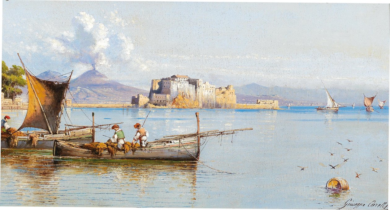 Fiskere i Napolibukten, Vesuv i bakgrunnen av Giuseppe Carelli