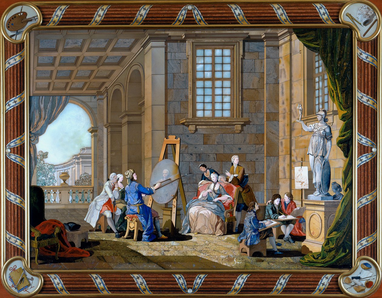 Panel i pietre dure inlay som viser maleri av Giuseppe Zocchi