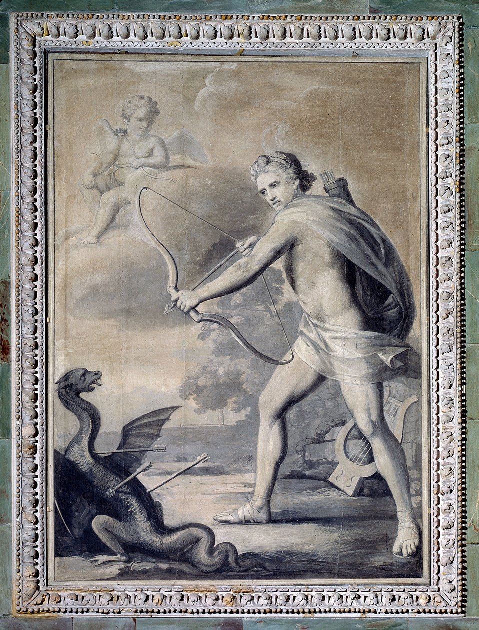 Apollon dreper slangen Python (monokrom tegning av Giuseppe Bacigalupo