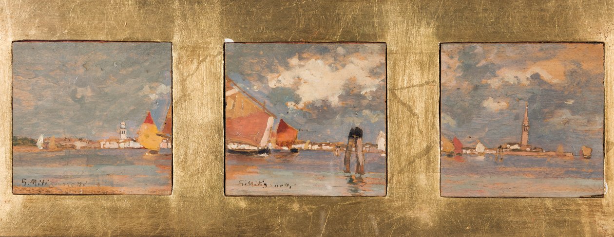 Triptyque med lagune (olje på kryssfiner) av Giuseppe Miti Zanetti