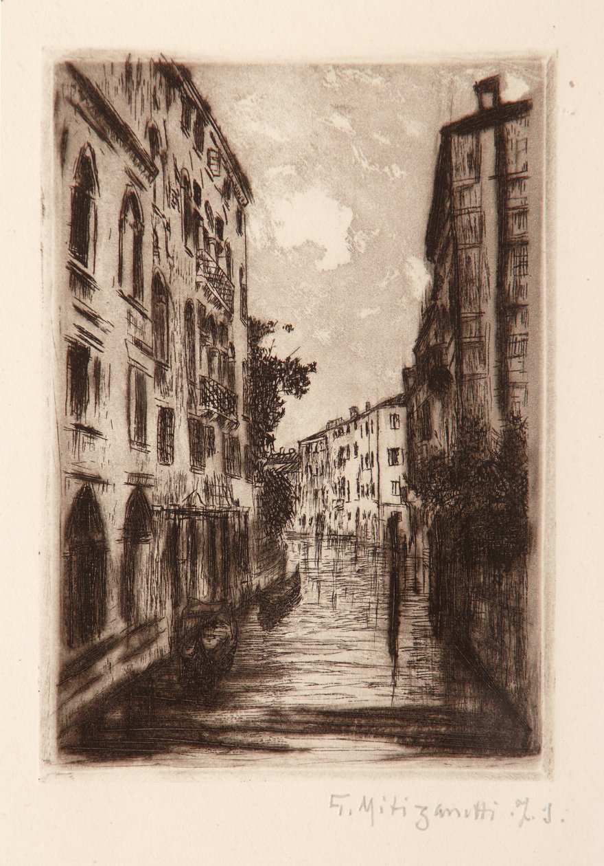 Venetiansk kanal (etsing på hvitt papir) av Giuseppe Miti Zanetti