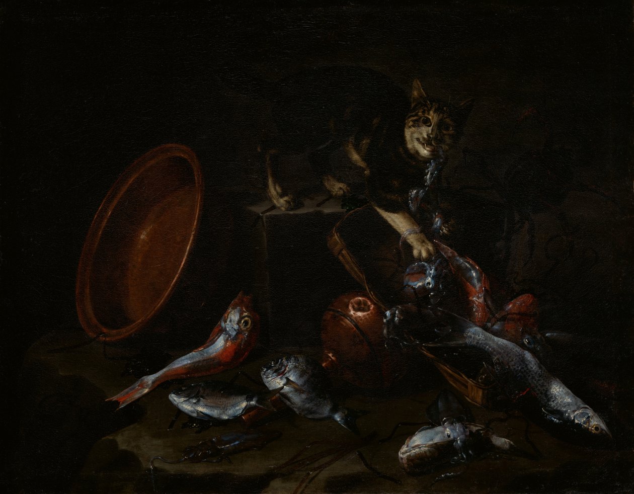 En katt som stjeler fisk, sent på 1660-tallet. av Giuseppe Recco