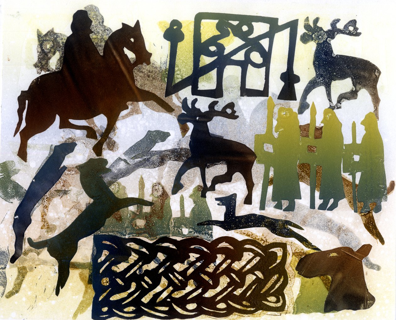 Piktiske symboler og snøring (monoprint) av Gloria Wallington