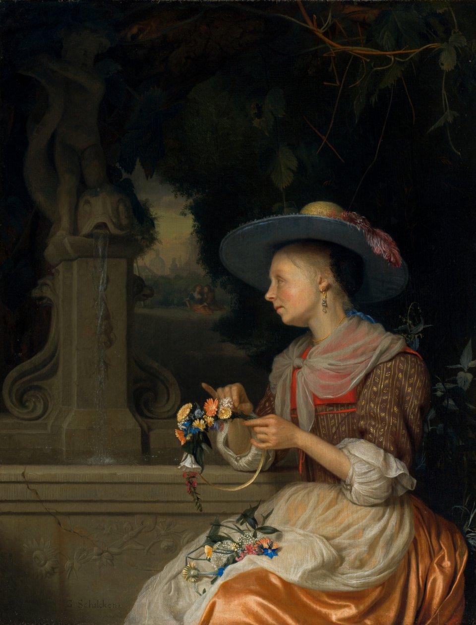 Kvinne som vever en krone av blomster av Godefridus Schalcken