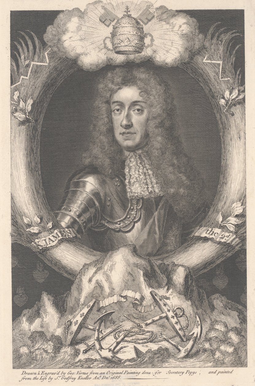 James II, gravert av George Vertue (1684-1756), 1688 av Godfrey Kneller