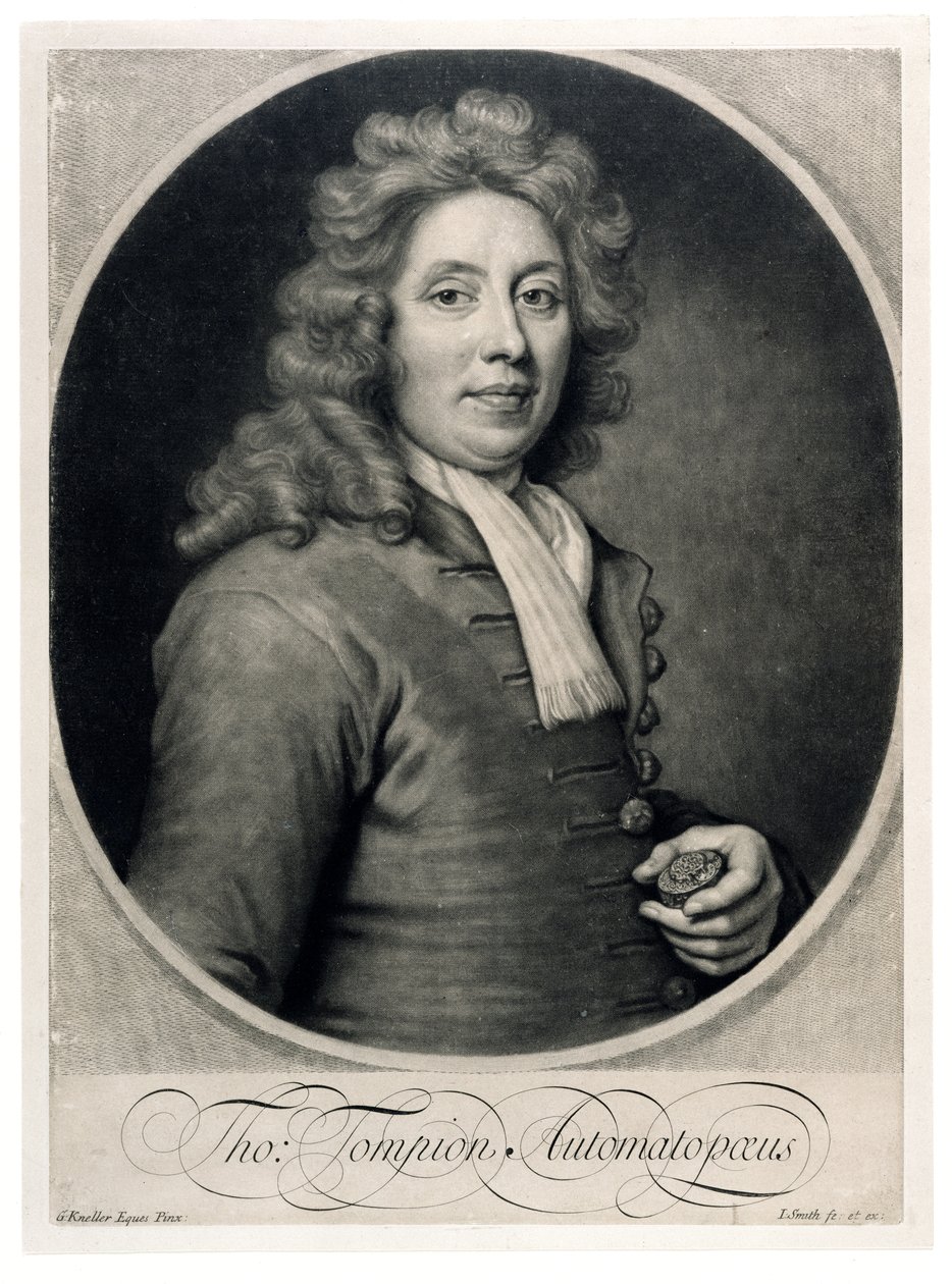 Portrett av Thomas Tompion (1639-1713) gravert av John Smith (mezzotint) av Godfrey Kneller