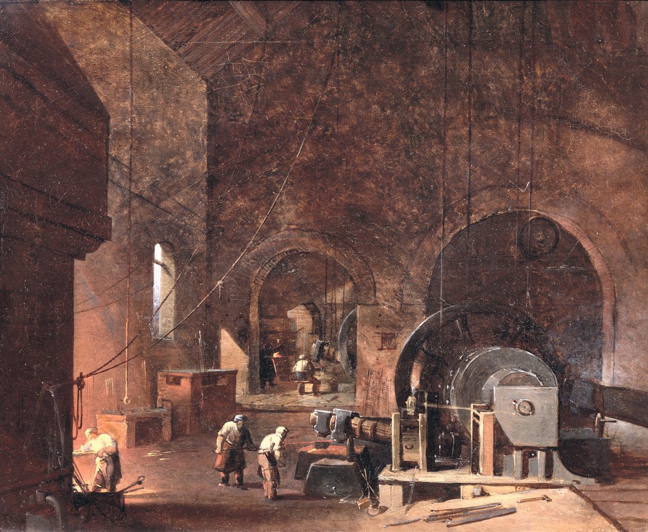 Interiør i et jernverk, ca. 1850-60 av Godfrey Sykes