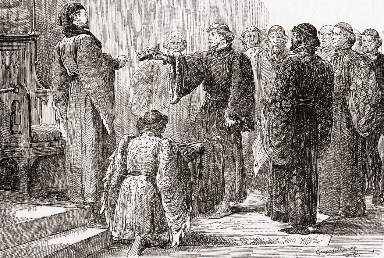 En scene fra William Shakespeares King Richard II, Act IV, Scene 1, King Richard: Her, fetter, grip kronen, fra The Works of William Shakespeare, publisert 1896 av Gordon Frederick Browne