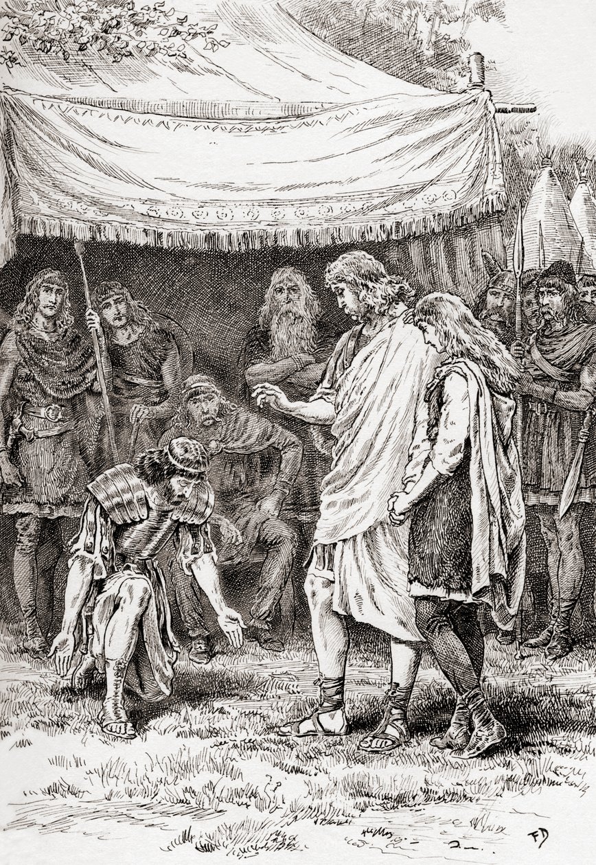 En scene fra William Shakespeares skuespill Cymbeline, Act V, Scene 5, Posthumus Leonatus: Kneel not to me. Kraften jeg har på deg er å spare deg, fra The Works of William Shakespeare, publisert 18 av Gordon Frederick Browne