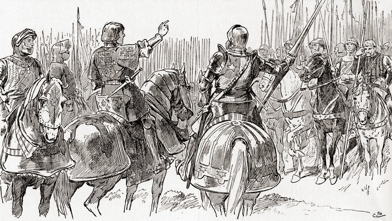 En scene fra William Shakespeares spiller King Richard III, Act V, Scene 2, Richmond: Fellows in arms, and my most loving friends, bruisd under the yoke of tyranny, fra The Works of William Shakesp av Gordon Frederick Browne