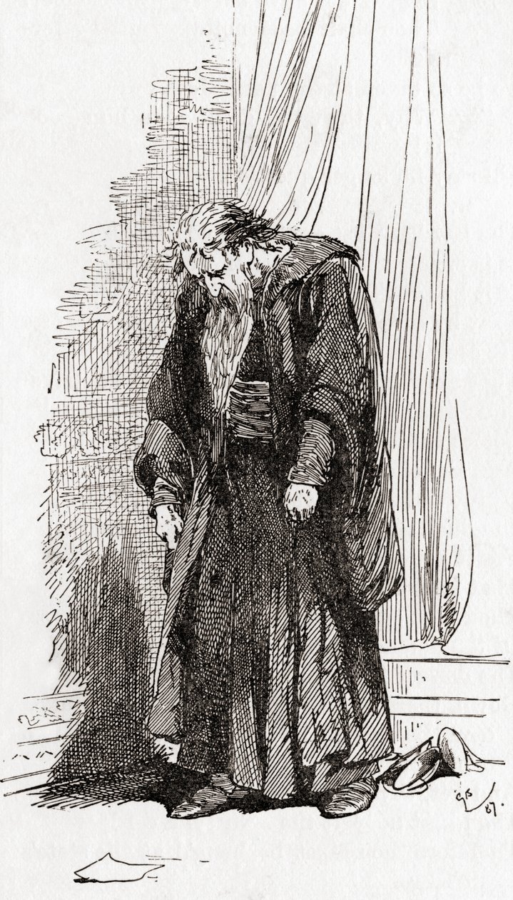 En scene fra William Shakespeares skuespill Merchant of Venice, Act IV, Scene 1, Shylock: I pray you, give me leave to go herfra. Jeg har det ikke bra, fra The Works of William Shakespeare, utgitt 1896 (f av Gordon Frederick Browne