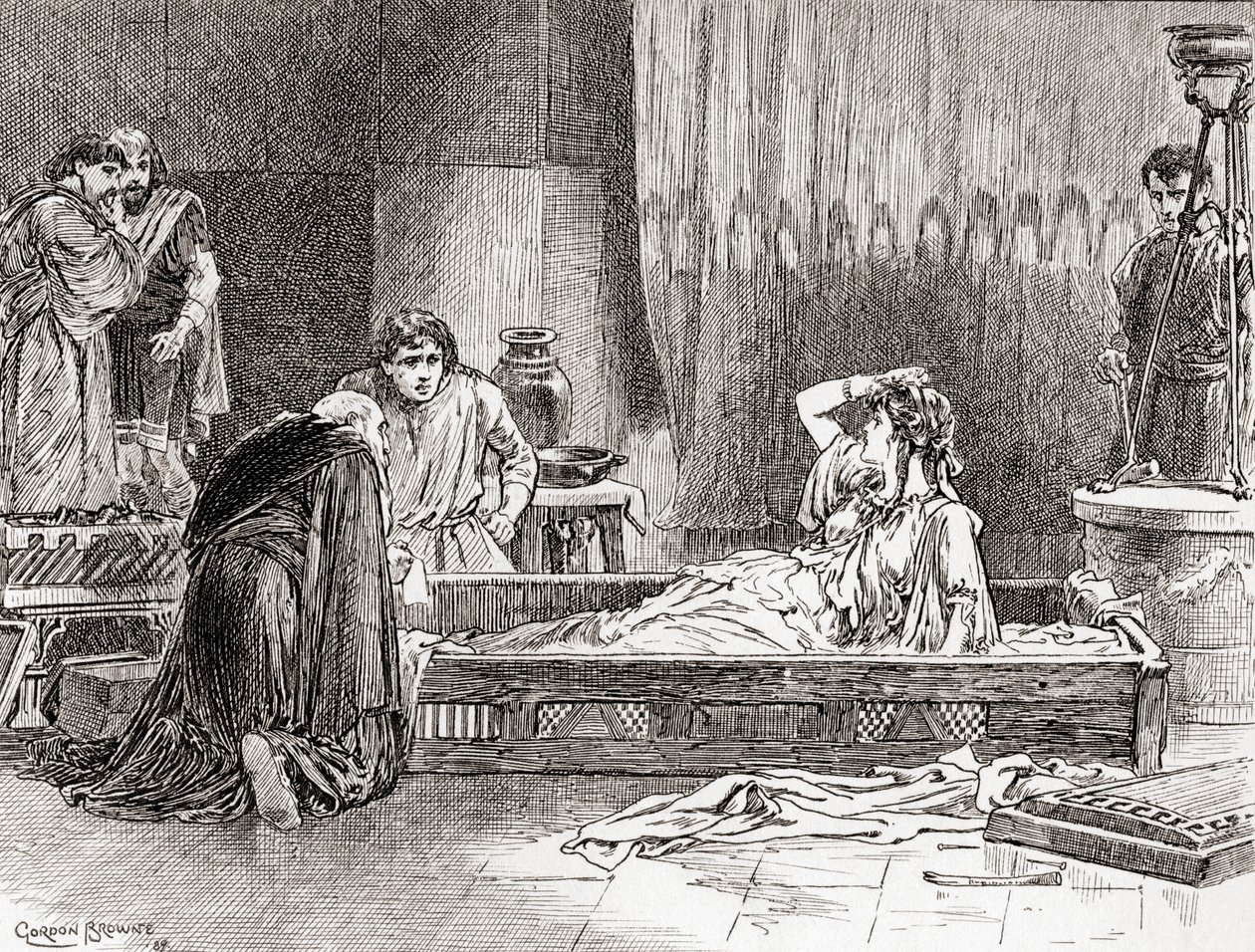 En scene fra William Shakespeares skuespill Pericles, Prince of Tyre, Act III, Scene 2, Thaisa: O, kjære Diana, hvor er jeg? Hvor er min herre? Hvilken verden er dette?, fra The Works of William Shakespeare, publiser av Gordon Frederick Browne