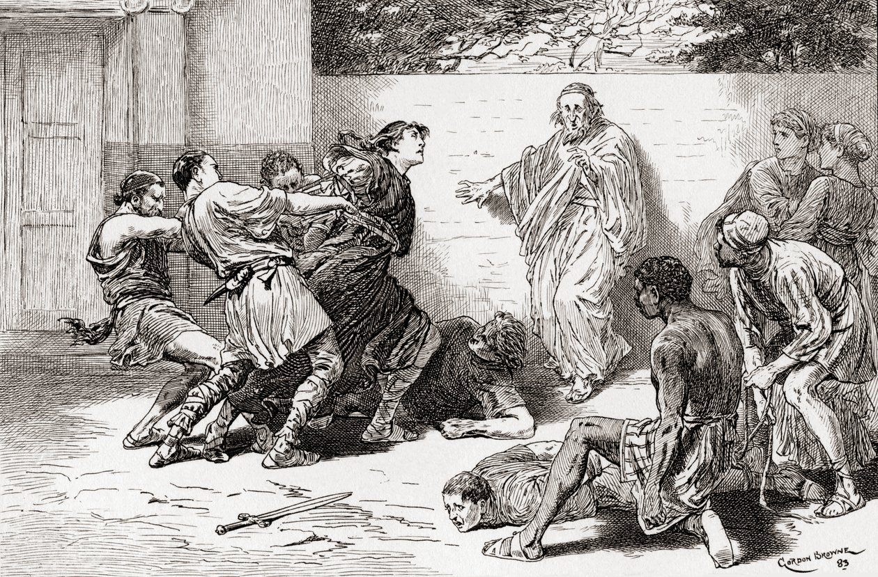 En scene fra William Shakespeares skuespill The Comedy of Errors, Act V, Scene 4, Adriana: O, bind ham, bind ham, la ham ikke komme nær meg. Pinch: Mer selskap, djevelen er sterk i ham, fra Ordet av Gordon Frederick Browne
