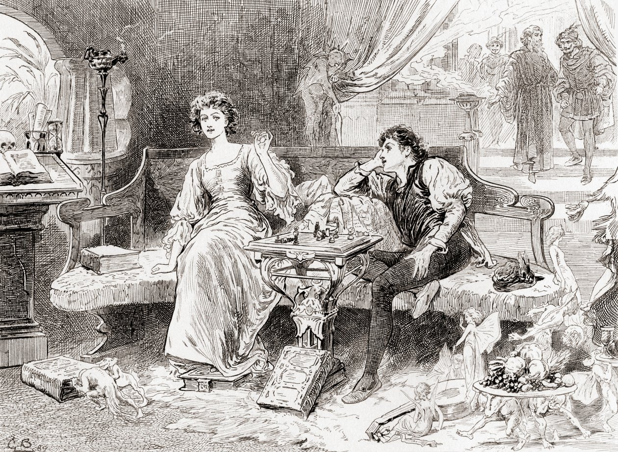 En scene fra William Shakespeares skuespill The Tempest, Act V, Scene 1, Miranda: Sweet Lord, you play me false, fra The Works of William Shakespeare, utgitt 1896 av Gordon Frederick Browne