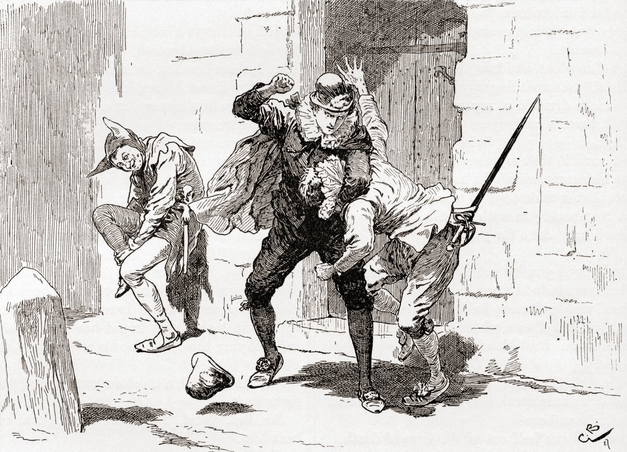 En scene fra William Shakespeares skuespill Twelfth Night Act IV, Scene 1, Sebastian (som slo Sir Andrew): Why, there is for thee, and there, and there!, fra The Works of William Shakespeare, utgitt 1896 av Gordon Frederick Browne